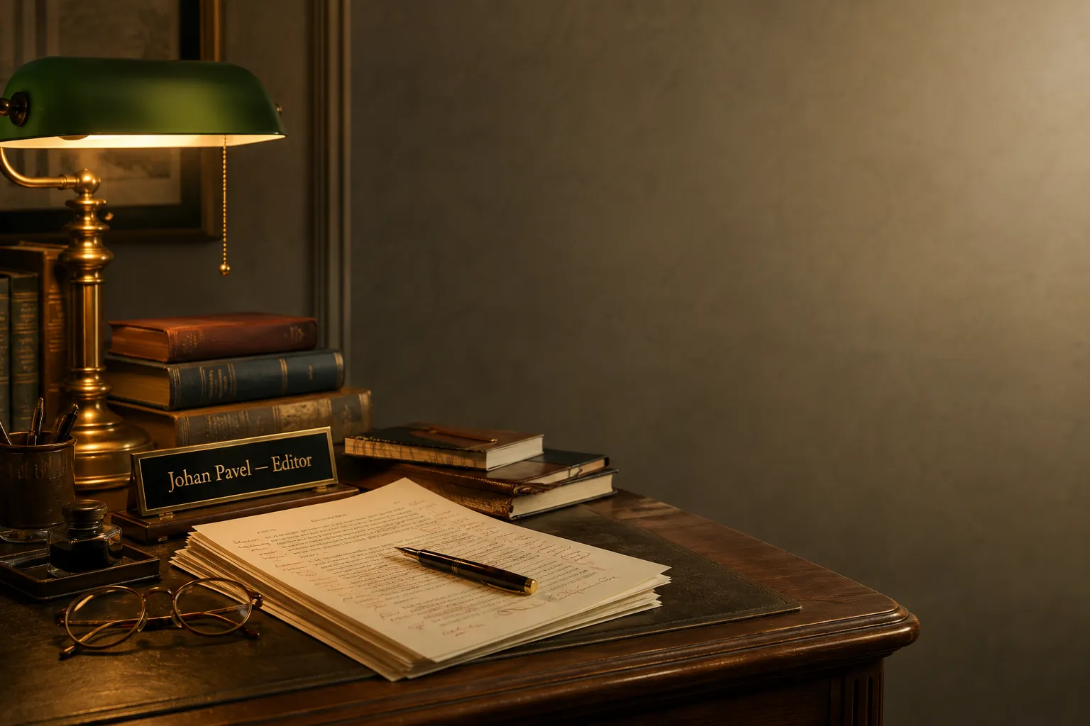 Johan Pavel in a calm editorial study with books, manuscripts, and review notes